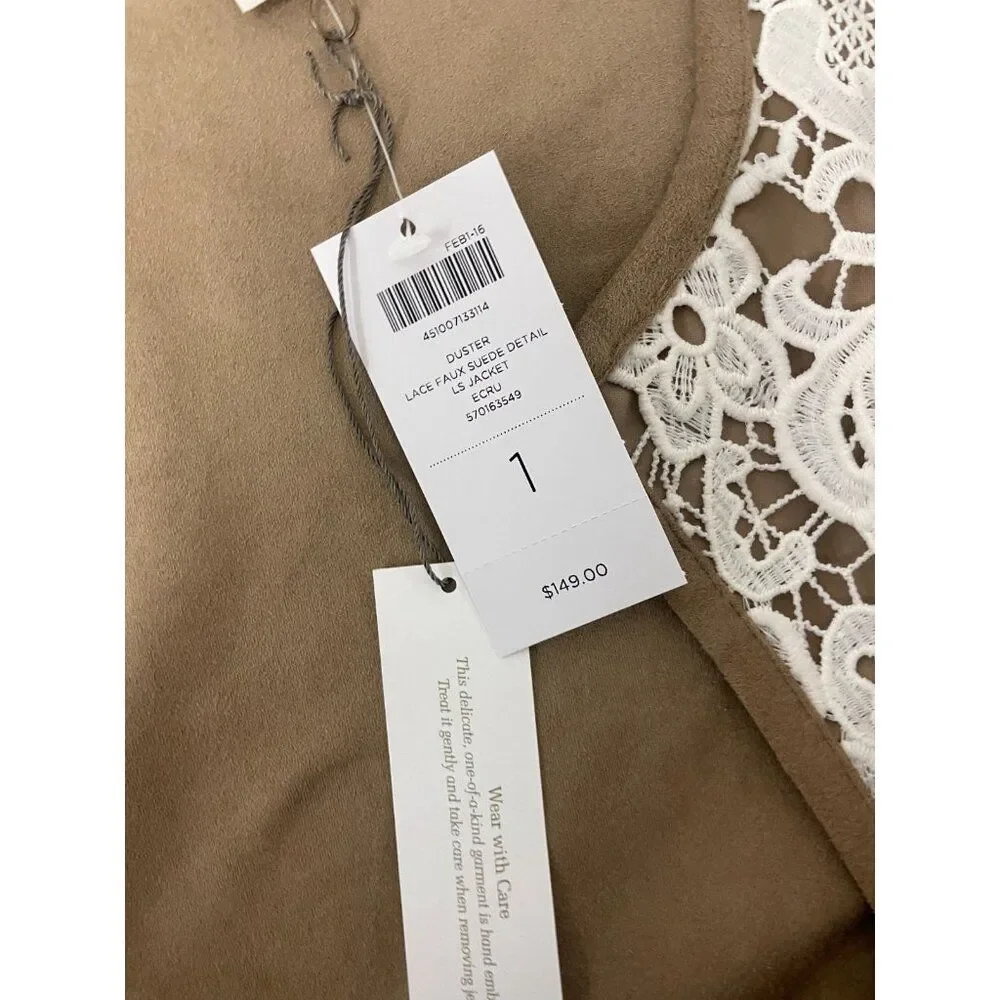 Chico's Womens Jacket Size 1 S Duster Ecru Tan Lace Faux Suede Open Front NWT